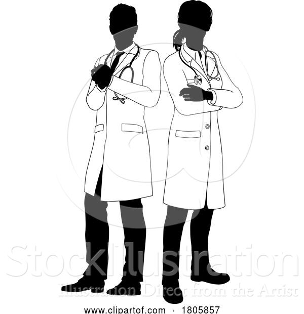 Vector Illustration of Male and Female Doctors Guy and Lady Silhouette