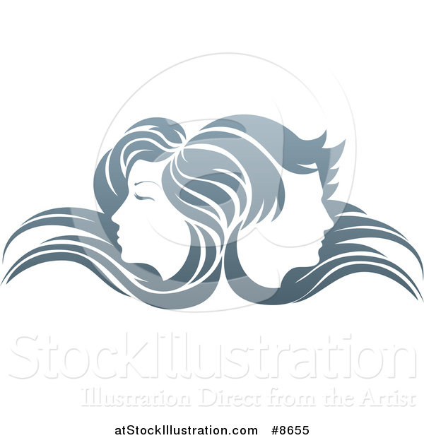Vector Illustration of Male and Female Faces Back to Back, in Profile, with Long Hair Waving in the Wind