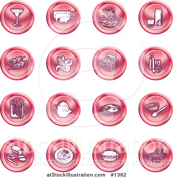 Vector Illustration of Martini, Pigs, Fish, Juice, Kebobs, Corn, Wine, Beer, Chicken, Breakfast, Fruit, Bread, Meal, Burger and Cheese