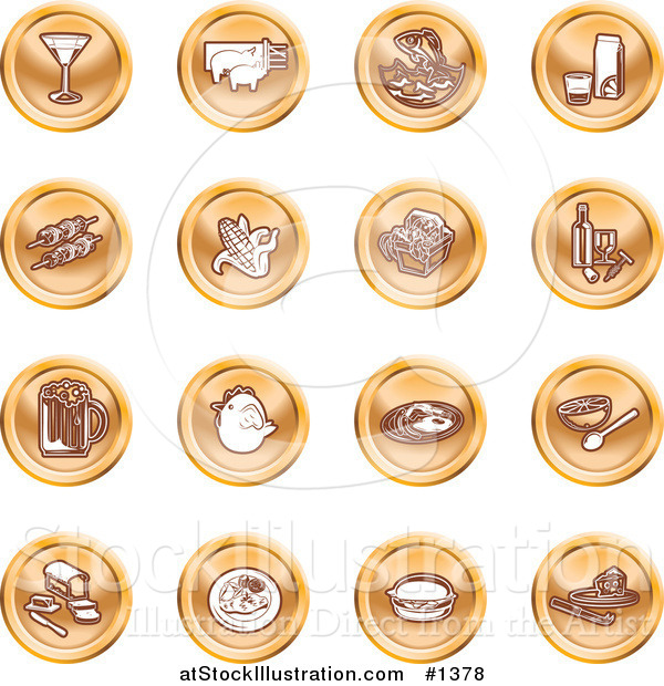 Vector Illustration of Martini, Pigs, Fish, Juice, Kebobs, Corn, Wine, Beer, Chicken, Breakfast, Fruit, Bread, Meal, Burger and Cheese