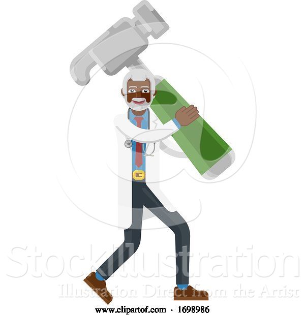 Vector Illustration of Mature Black Doctor Guy Holding Hammer Mascot