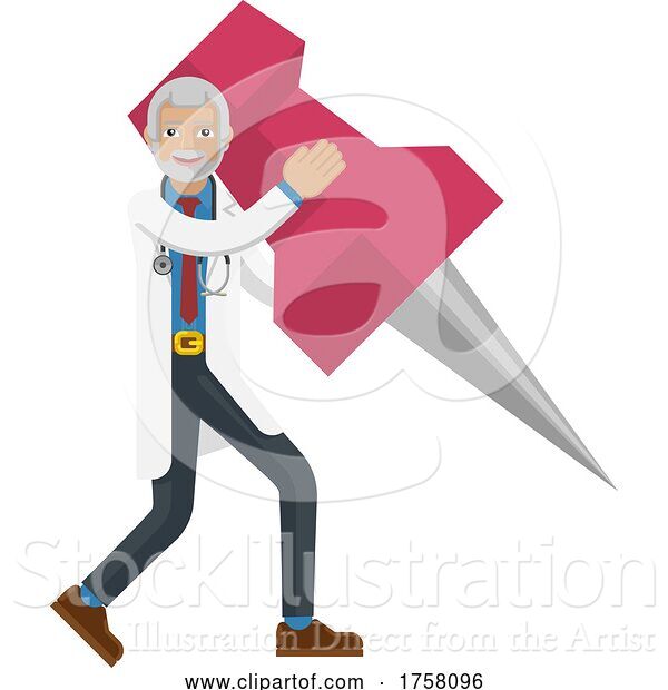 Vector Illustration of Mature Doctor Guy Holding Thumb Tack Pin Mascot