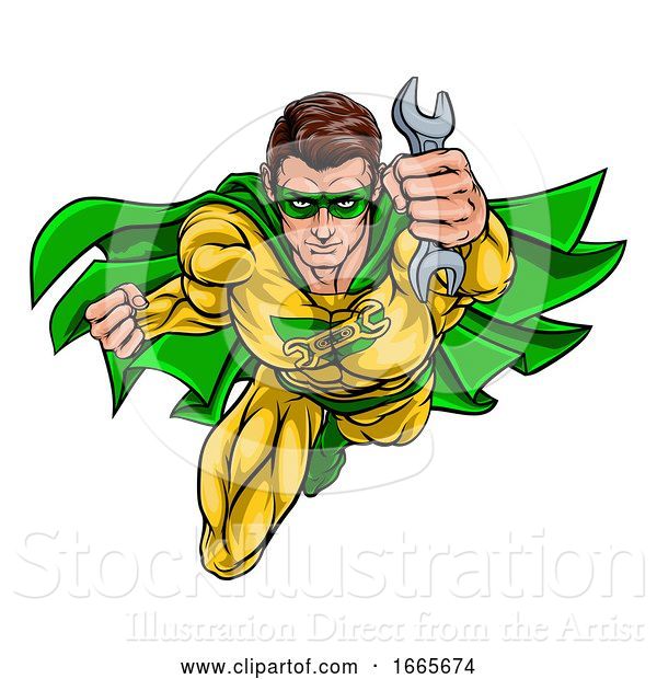 Vector Illustration of Mechanic Plumber Superhero Holding Wrench Spanner