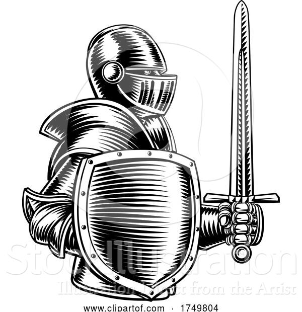 Vector Illustration of Medieval Knight Sword and Shield Vintage Woodcut