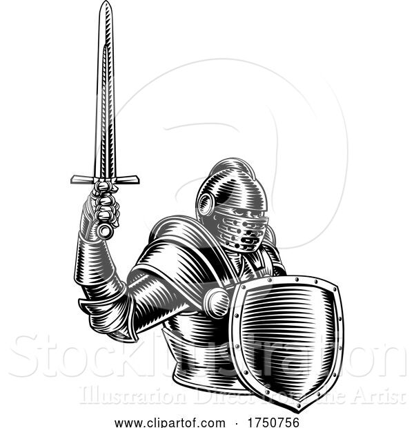 Vector Illustration of Medieval Knight Sword and Shield Vintage Woodcut