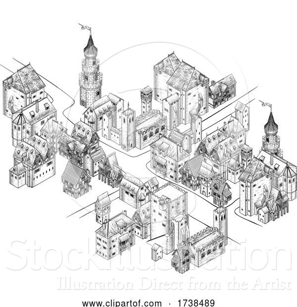 Vector Illustration of Medieval Town Map Scroll Vintage Illustration