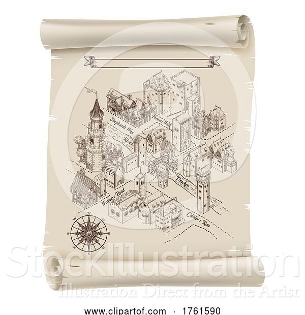 Vector Illustration of Medieval Town Map Scroll Vintage Illustration