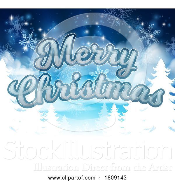 Vector Illustration of Merry Christmas Greeting with Silhouetted Evergreen Trees with Snowflakes