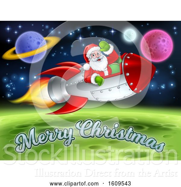 Vector Illustration of Merry Christmas Under a Reindeer Flying with Santa in a Rocket over in Outer Space