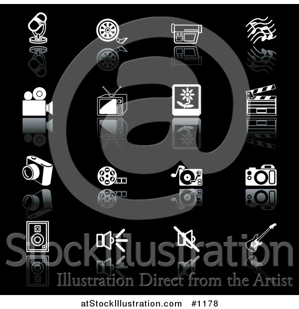 Vector Illustration of Microphone, Film Reel, Video Camera, Music Notes, Tv, Polaroid Picture, Clapperboard, Camera, Film Strip, Record Player, Camera, Speakers, and Guitar, on a Black Background