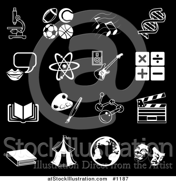 Vector Illustration of Microscope, Football, Soccer Ball, Basketball, Tennis Ball, Music Notes, Dna, Messenger, Atom, Guitar, Multiply, Divide, Addition, Subtraction, Book, Paintbrush and Palette, Dna, Clapboard, Circus Te