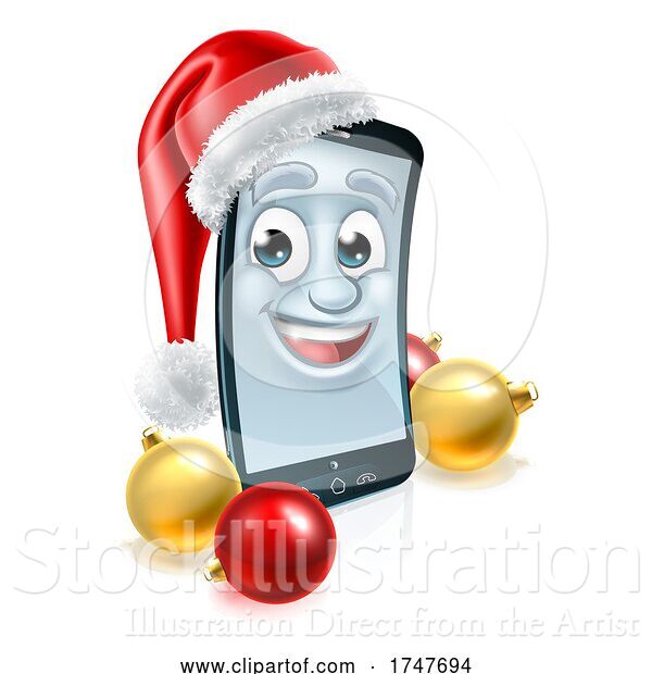 Vector Illustration of Mobile Cell Phone Christmas Mascot in Santa Hat