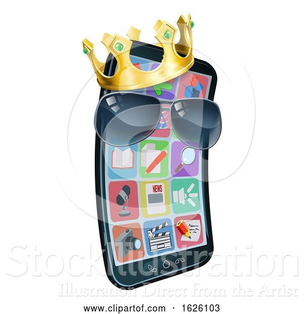 Vector Illustration of Mobile Phone Cool Shades King Crown Mascot