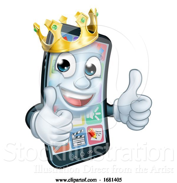 Vector Illustration of Mobile Phone King Crown Thumbs up Mascot