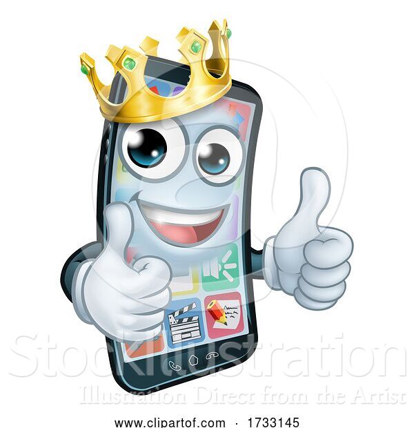 Vector Illustration of Mobile Phone King Crown Thumbs up Mascot