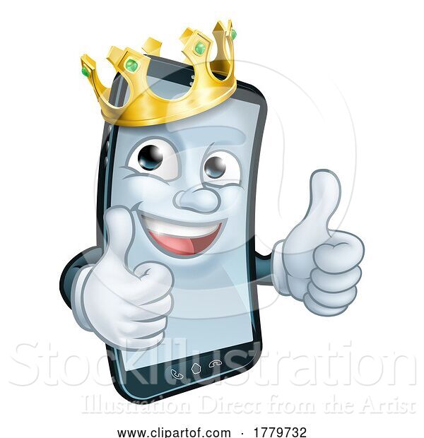 Vector Illustration of Mobile Phone King Crown Thumbs up Mascot