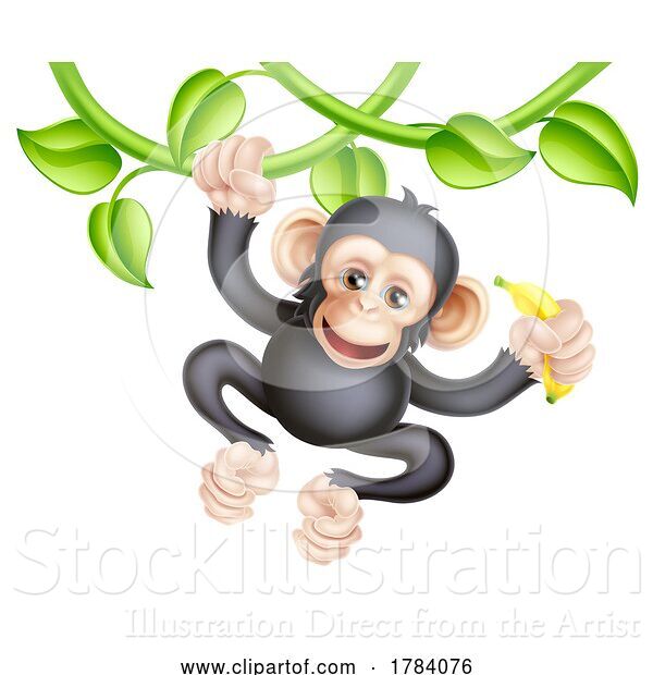 Vector Illustration of Monkey Chimpanzee Jungle Animal on Vines