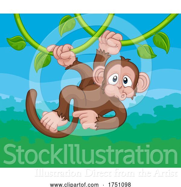 Vector Illustration of Monkey Singing on Jungle Vines Pointing