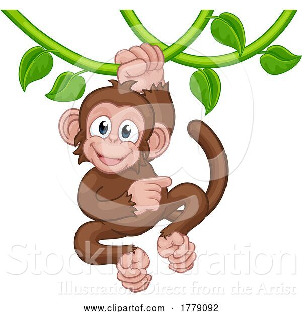 Vector Illustration of Monkey Singing on Jungle Vines Pointing