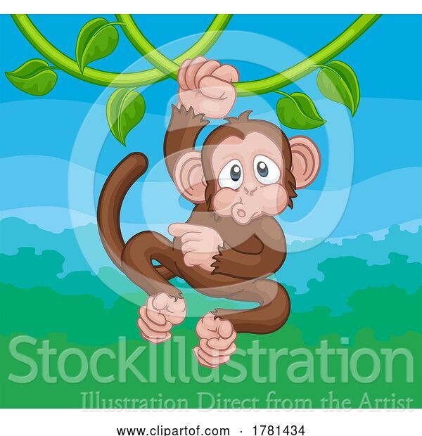 Vector Illustration of Monkey Singing on Jungle Vines Pointing