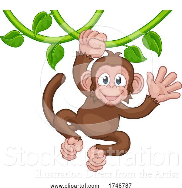 Vector Illustration of Monkey Singing on Jungle Vines Waving