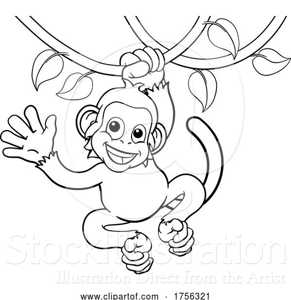 Vector Illustration of Monkey Singing on Jungle Vines Waving