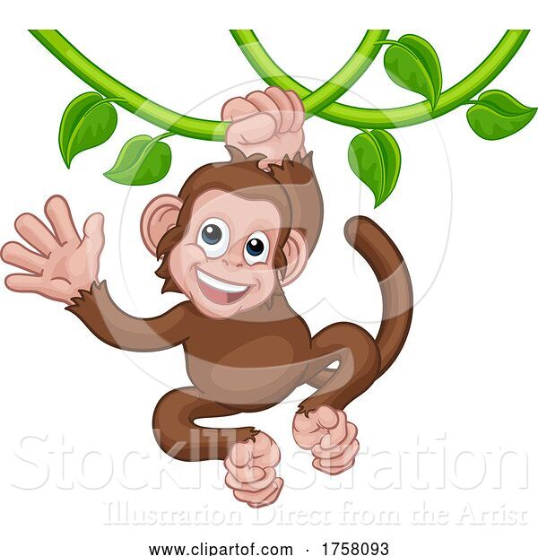 Vector Illustration of Monkey Singing on Jungle Vines Waving
