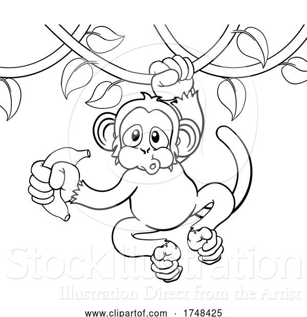 Vector Illustration of Monkey Singing on Jungle Vines with Banana