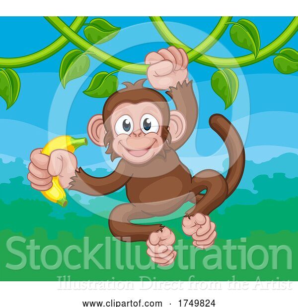 Vector Illustration of Monkey Singing on Jungle Vines with Banana