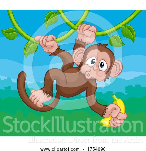 Vector Illustration of Monkey Singing on Jungle Vines with Banana