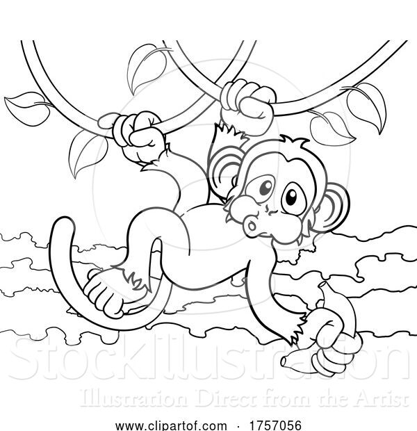 Vector Illustration of Monkey Singing on Jungle Vines with Banana