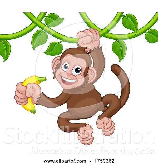 Vector Illustration of Monkey Singing on Jungle Vines with Banana