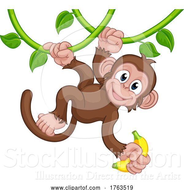 Vector Illustration of Monkey Singing on Jungle Vines with Banana