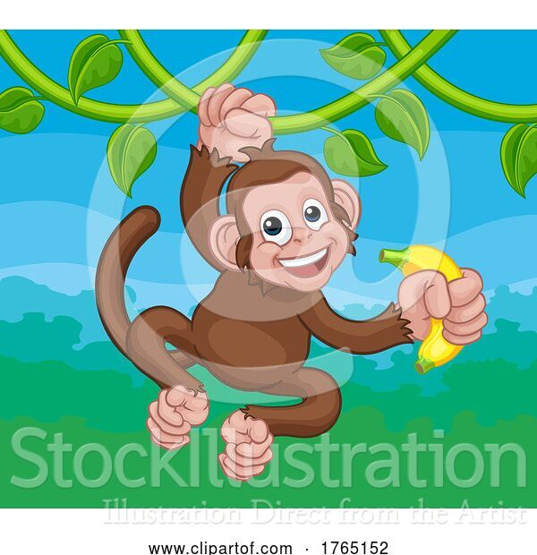 Vector Illustration of Monkey Singing on Jungle Vines with Banana