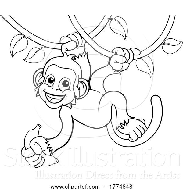 Vector Illustration of Monkey Singing on Jungle Vines with Banana