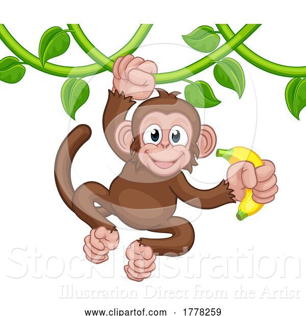 Vector Illustration of Monkey Singing on Jungle Vines with Banana