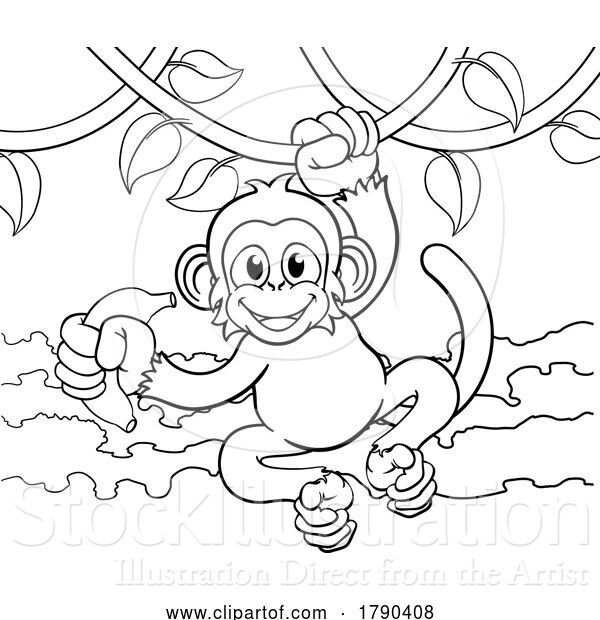 Vector Illustration of Monkey Singing on Jungle Vines with Banana