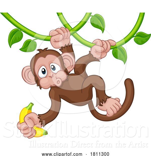 Vector Illustration of Monkey Singing on Jungle Vines with Banana