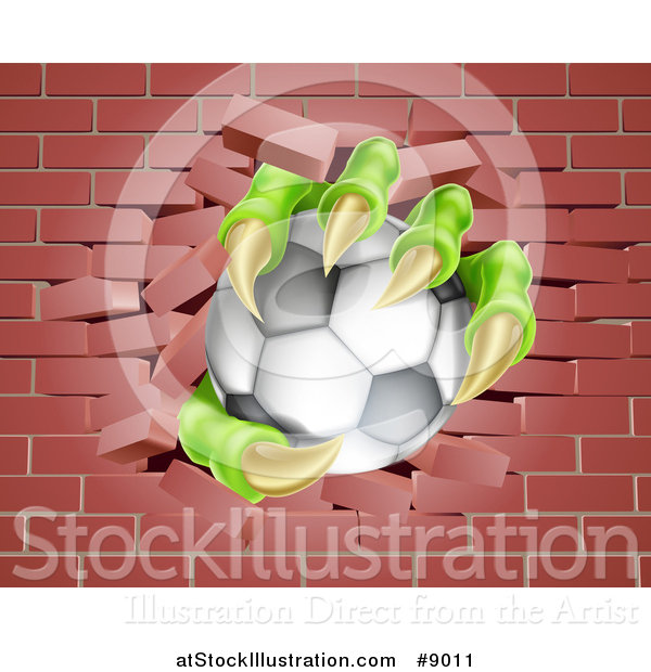 Vector Illustration of Monster Claws Holding a Soccer Ball and Breaking Through a Brick Wall