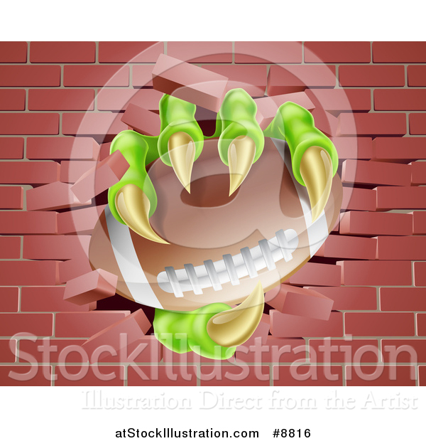 Vector Illustration of Monster Claws Holding an American Football and Breaking Through a Brick Wall