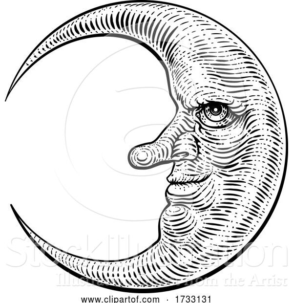 Vector Illustration of Moon Face Woodcut Drawing Retro Vintage Engraving