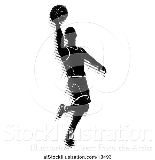Vector Illustration of Motion Blur Styled Silhouetted Basketball Player in Action