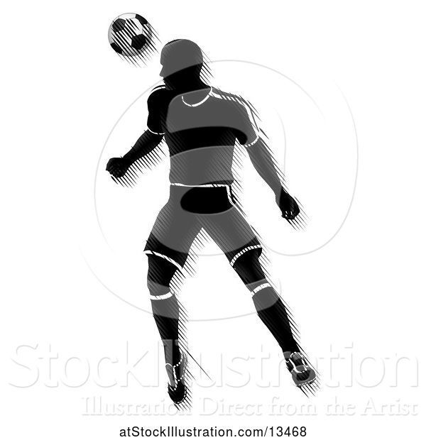 Vector Illustration of Motion Blurred Black Silhouetted Male Soccer Player Heading a Ball