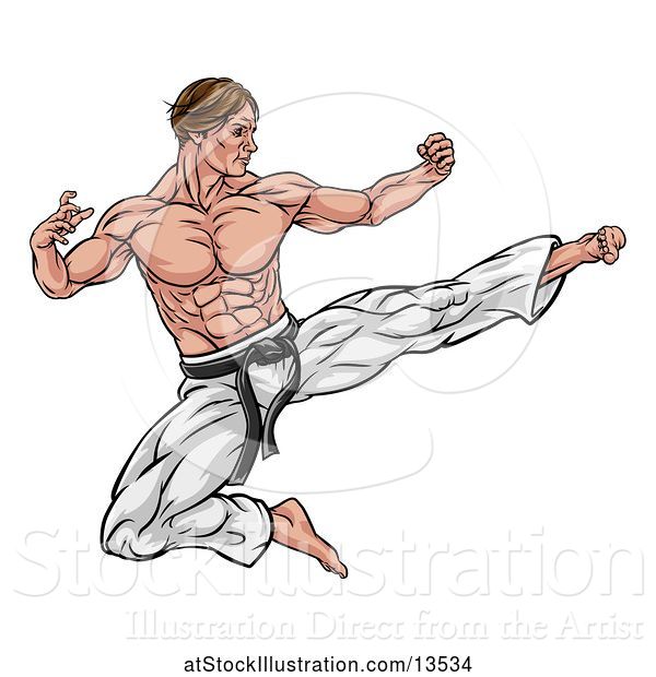 Vector Illustration of Muscular Kung Fu Martial Artist Kicking