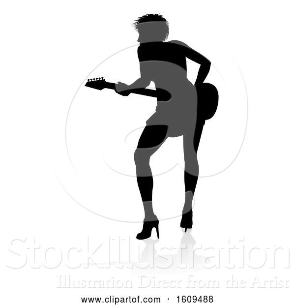 Vector Illustration of Musician Guitarist Silhouette, with a Reflection or Shadow, on a White Background
