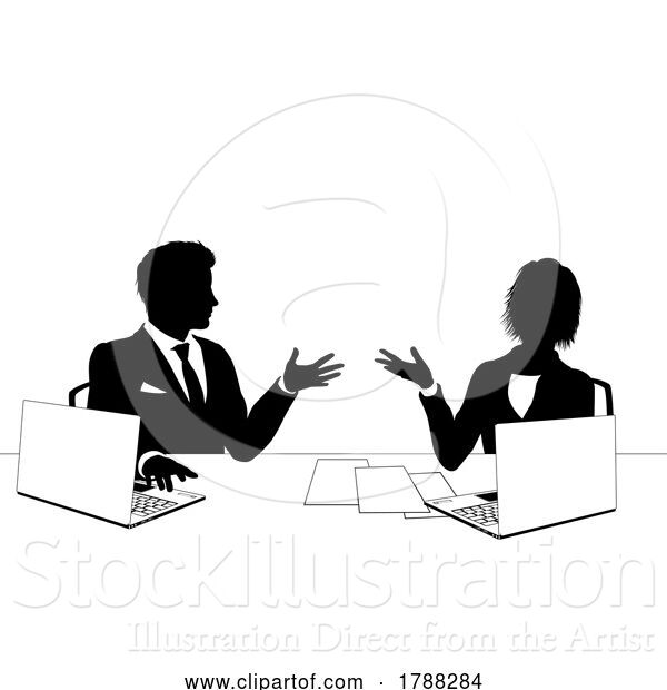 Vector Illustration of News Anchors Business People at Desk Silhouette