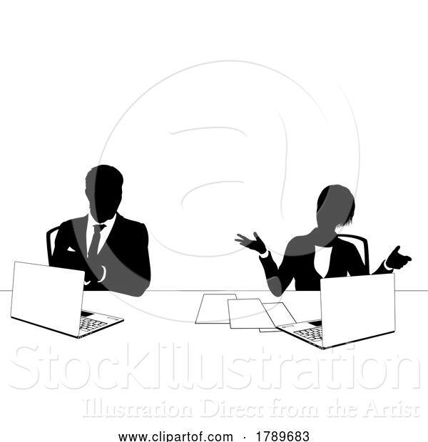 Vector Illustration of News Anchors Business People at Desk Silhouette