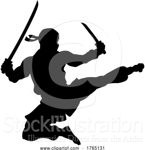 Vector Illustration of Ninja Flying Kick Guy Silhouette