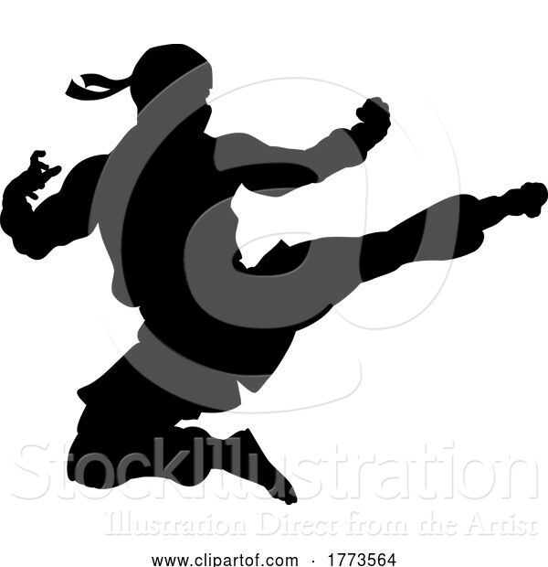 Vector Illustration of Ninja Flying Kick Guy Silhouette