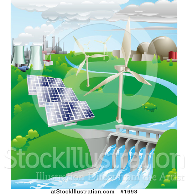 Vector Illustration of Nuclear, Fossil Fuel, Wind Power, Photovoltaic Cells, and Hydro Electric Water Power Generation Farms
